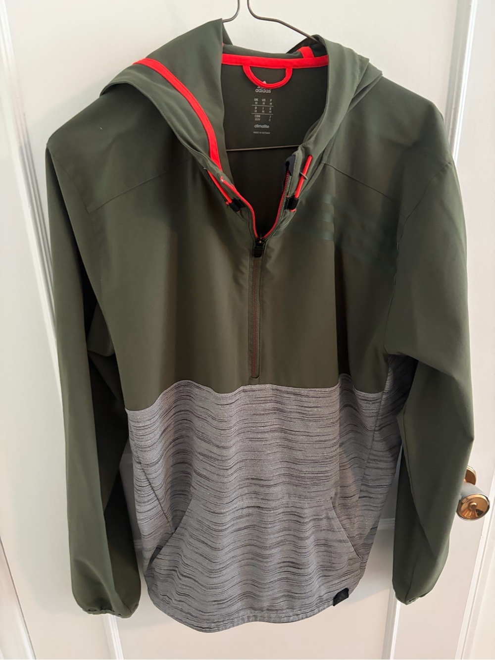 adidas Olive Green, Gray & Red Hooded Half-Zip Windbreaker